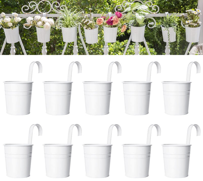 Dahey 10 Pcs Hanging Flower Pots Metal Iron Bucket Planter for Railing Fence Balcony Garden Home Decoration Flower Holders with Detachable Hooks, White, 4 Inches - Image 1